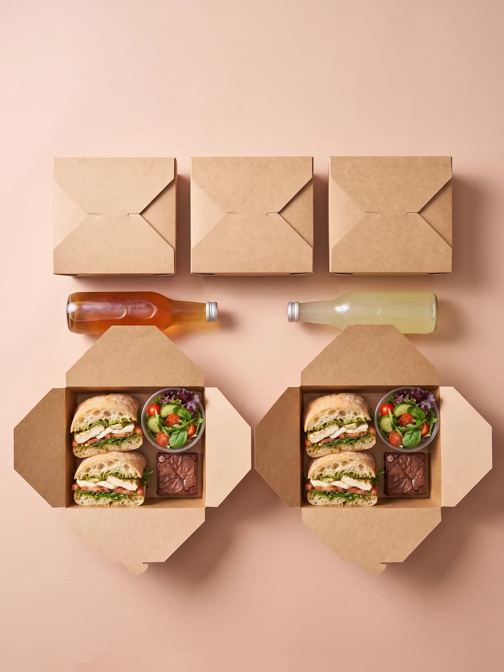 Bulk boxed lunch order of five kraft lunch boxes, two open to show sandwich halves, salad cups and dessert, with bottled drinks tucked between