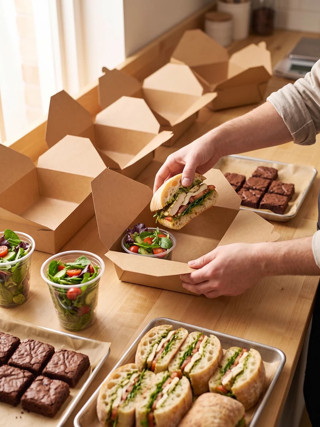Cafe worker packing a halved pesto chicken ciabatta into a kraft lunch box beside a row of boxes waiting to be filled