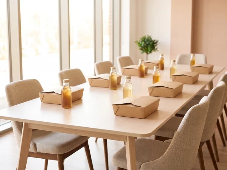 Office meeting room table set with an individually packed kraft lunch box and a bottled drink at every seat