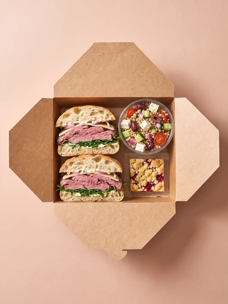 Premium boxed lunch with roast beef and arugula on focaccia, a Greek quinoa salad cup and a raspberry crumble bar