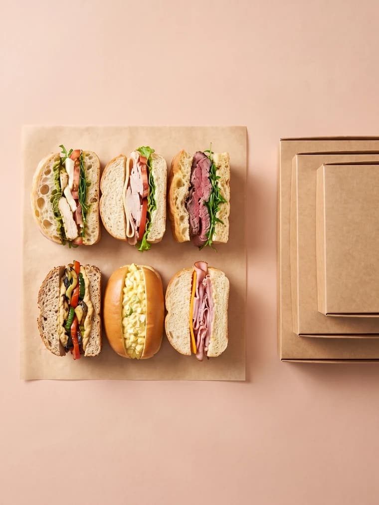 Six sandwich halves laid out on parchment beside a stack of kraft lunch boxes, showing the boxed lunch sandwich options