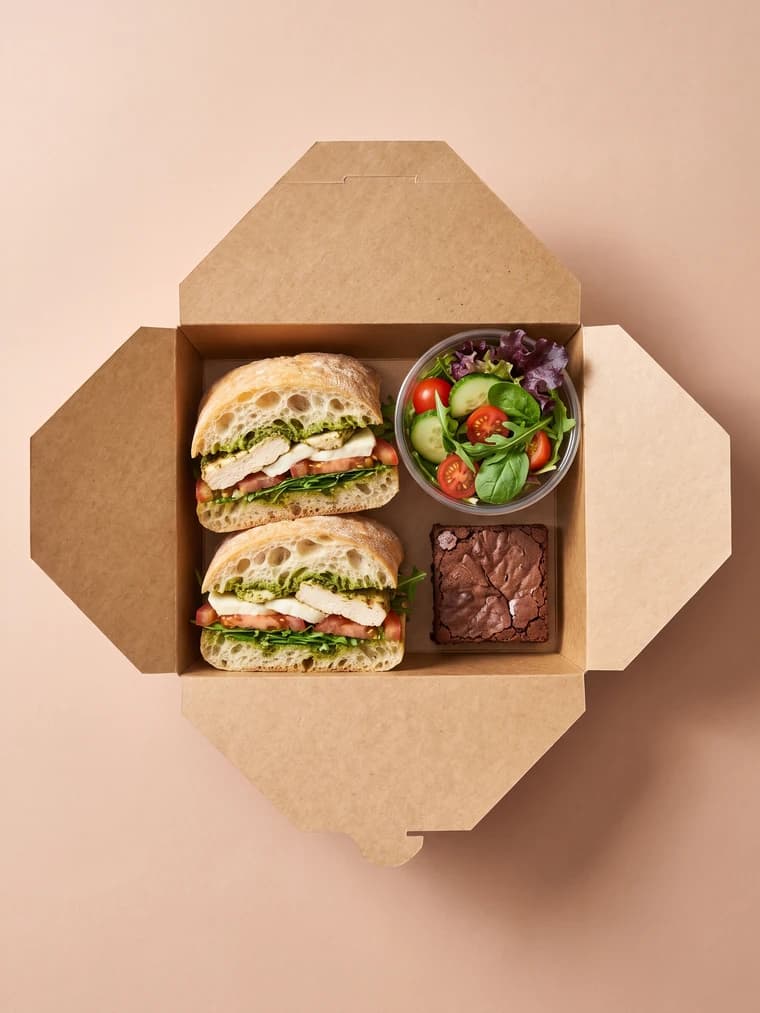 Signature boxed lunch with a pesto chicken caprese ciabatta, a mixed green salad cup and a chocolate brownie in an open kraft box