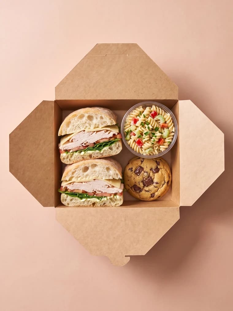 Simple boxed lunch with a turkey and Swiss ciabatta, a creamy pasta salad cup and a chocolate chip cookie in an open kraft box